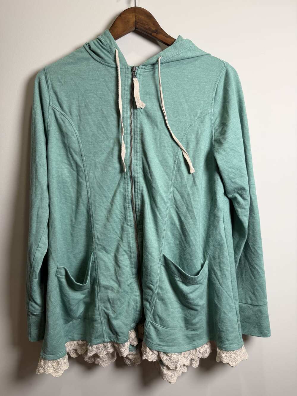 LOGO Lounge Green Hooded Full-Zip Jacket with Lace Trim, Size M